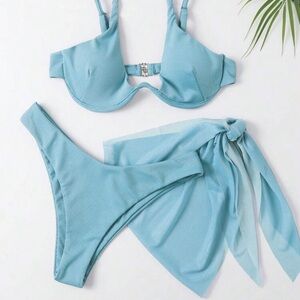 Light Blue Ribbed Underwire Bikini Set with Sheer Sarong